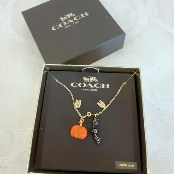 NWB COACH Halloween Jack-o’-lanter Pumpkin & Bat Earrings & Necklace Set CZ006 - Picture 2 of 5